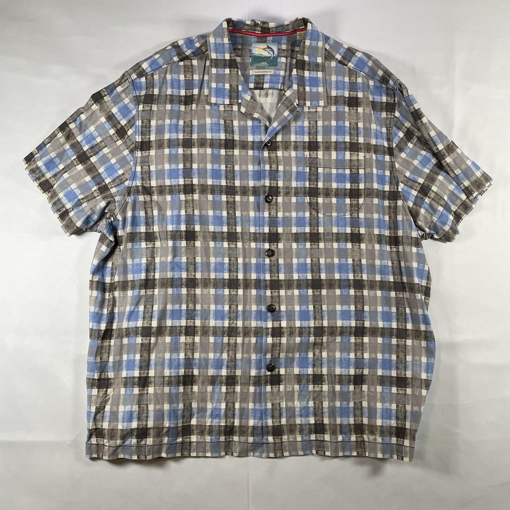 Tommy Bahama Shirt Mens 2XL Blue Plaid Silk Island Modern Fit Button Up Casual